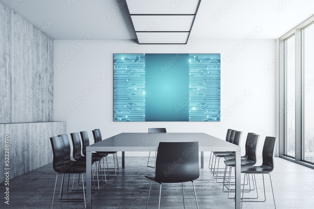Aufkleber Creative abstract micro chip hologram on tv display in a modern presentation room, artificial intelligence and machine learning concept. 3D Rendering