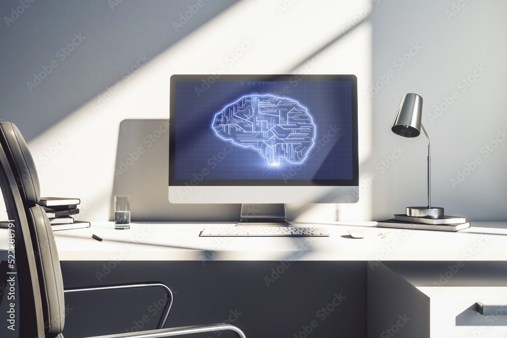 Poster modern computer monitor with creative artificial intelligence symbol. neural networks and machine le
