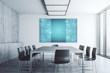 Fototapeta premium Creative abstract micro chip hologram on tv display in a modern presentation room, artificial intelligence and machine learning concept. 3D Rendering