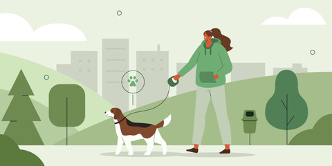 Pet owner or sitter walking with dog on the leash in city park. Pet care concept. Vector illustration. - obrazy, fototapety, plakaty