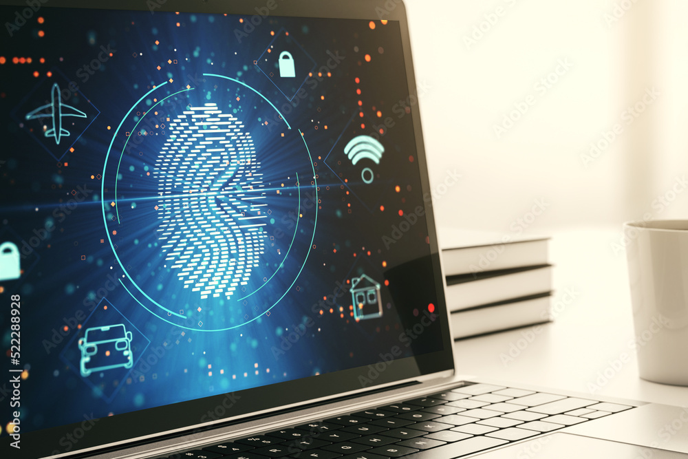 Fototapete Computer monitor with abstract fingerprint scan interface, digital access concept. 3D Rendering
