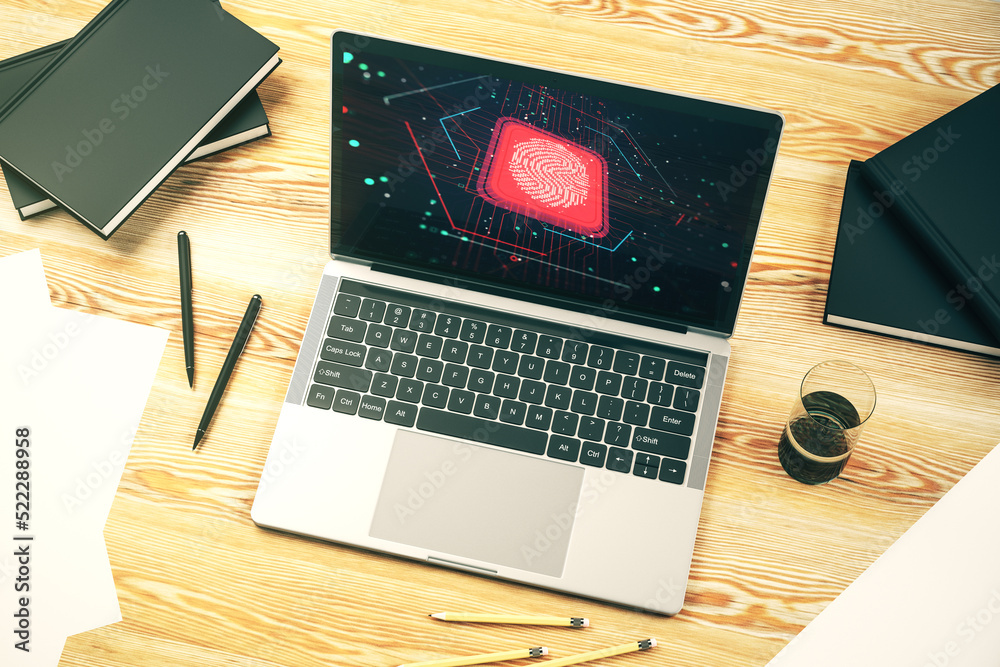 Poster modern computer monitor with abstract creative fingerprint hologram, research and development concep