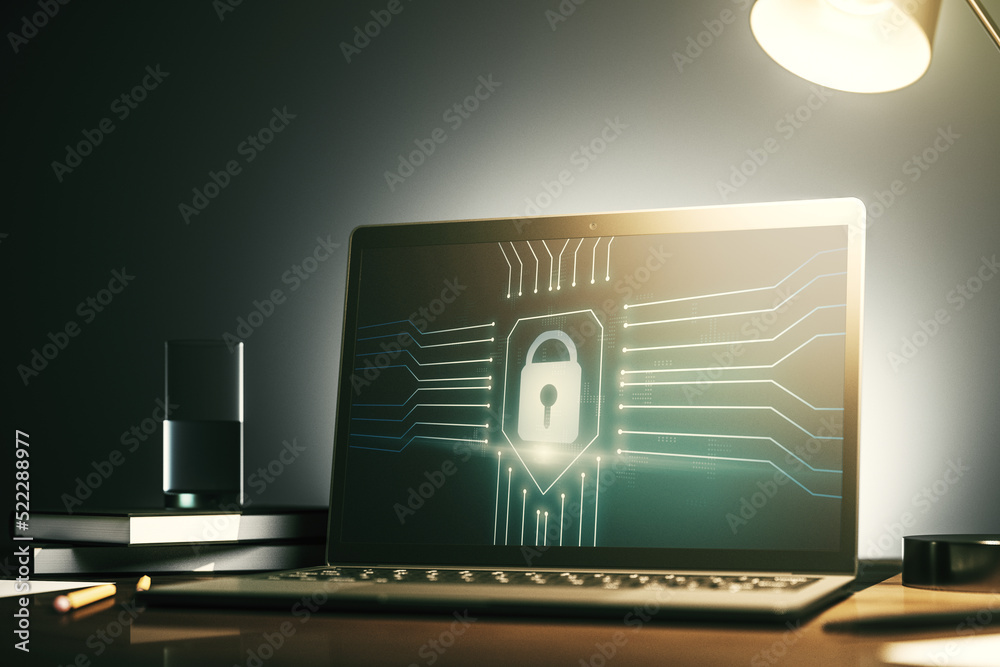 Fototapete computer monitor with creative light lock illustration and microcircuit, cyber security concept. 3d 