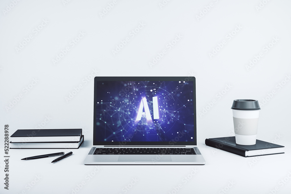 Poster creative artificial intelligence symbol concept on modern laptop screen. 3d rendering
