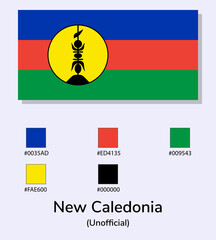 Vector Illustration of New Caledonia (Unofficial) flag isolated on light blue background. Illustration New Caledonia flag with Color Codes. As close as possible to the original.