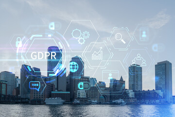 Fototapeta na wymiar Panorama city view of Boston Harbour at day time, Massachusetts. Building exteriors of financial downtown. GDPR hologram is data protection regulation and privacy for all individuals within EU Area
