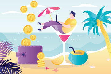 Remote work, male freelancer sits in large cocktail glass, coconut and wallet with money nearby. Earnings, profit. Businessman relaxes and works at beach. Seashore landscape.