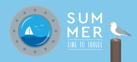 time to travel porthole with tropical seascape viewand gull marine summer holiday design