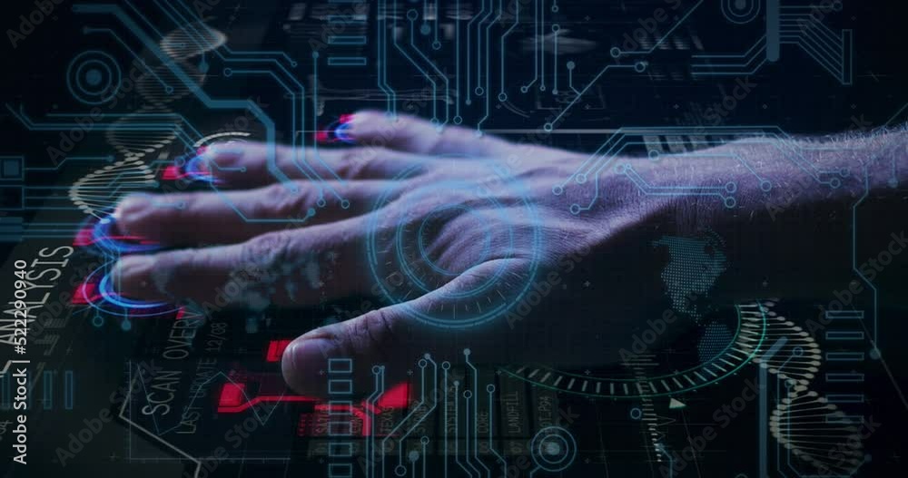Poster animation of caucasian man hand scanning with hud element, data processing on digital interface