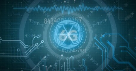 Animation of data processing with hud element, 6g sign on digital interface - Powered by Adobe