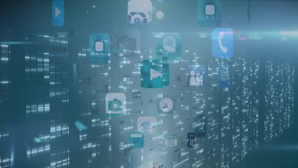 Animation of circles zooming on media icons with data processing on digital interface - Powered by Adobe