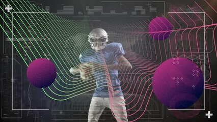 Animation of purple spheres and digital wave over african american male rugby player holding ball - Powered by Adobe