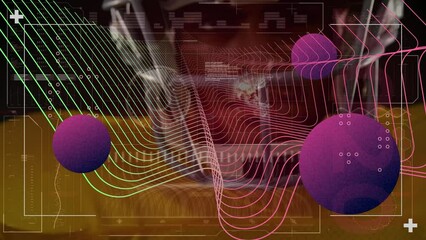Animation of purple spheres and digital wave over close up of african american male rugby player - Powered by Adobe