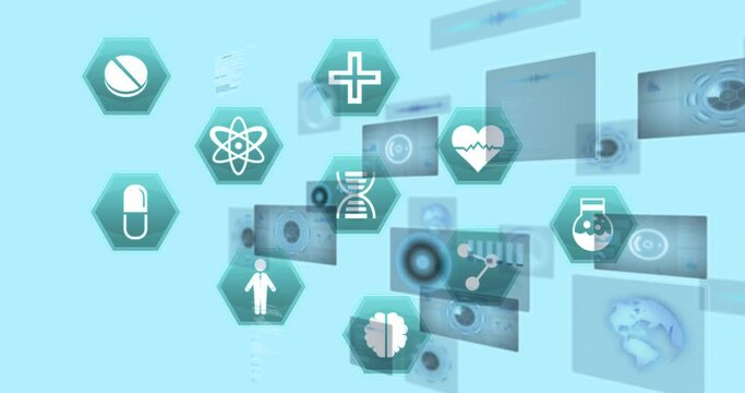Animation of medical icons with data processing on digital interface