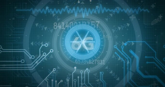 Animation of data processing with hud element, 6g sign on digital interface - Powered by Adobe