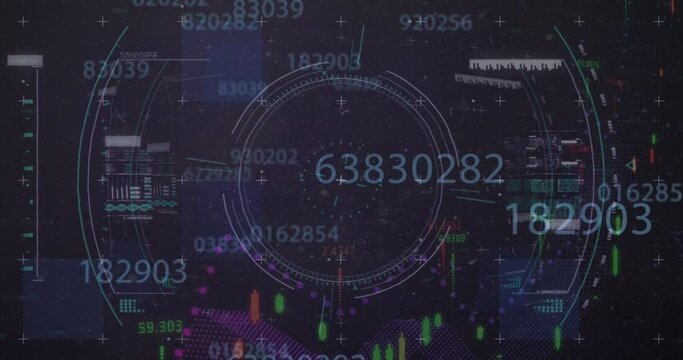 Animation of financial data processing with world map on digital interface