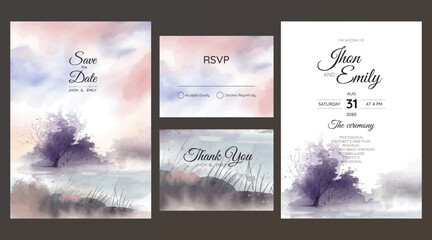 wedding invitation with mountain view watercolor background