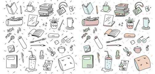 set of office accessories objects on a work desk with doodle, simple lines, drawing style, in pastel and black and white version  
