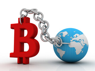 3d rendering bitcoin sign currency with globe
