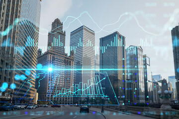 Obraz na płótnie Canvas Panorama cityscape of Chicago downtown and Riverwalk, boardwalk with bridges at day time, Illinois, USA. Forex graph hologram. The concept of internet trading, brokerage and fundamental analysis