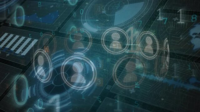 Animation of user icons, binary code and diverse data processing on digital screen