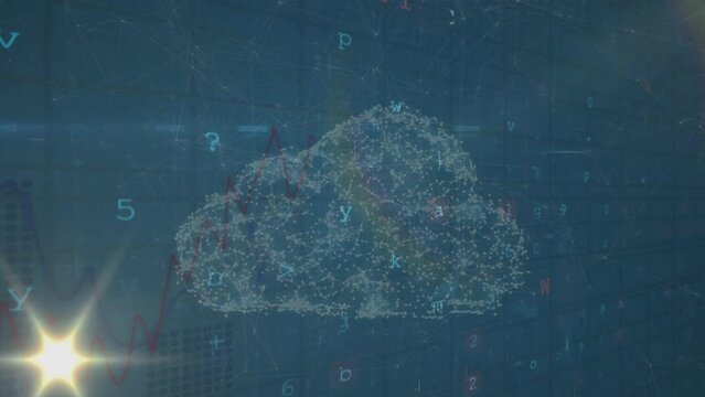 Animation of digital cloud, graphs, numbers, light and digital padlock on navy background