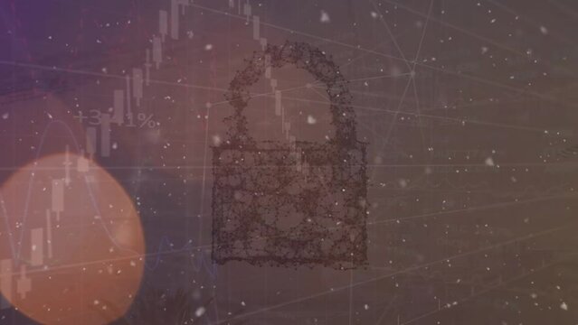 Animation of light, data, graphs and digital padlock on brown background
