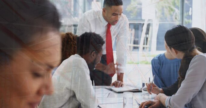 Animation of graphs over diverse businesspeople working in office