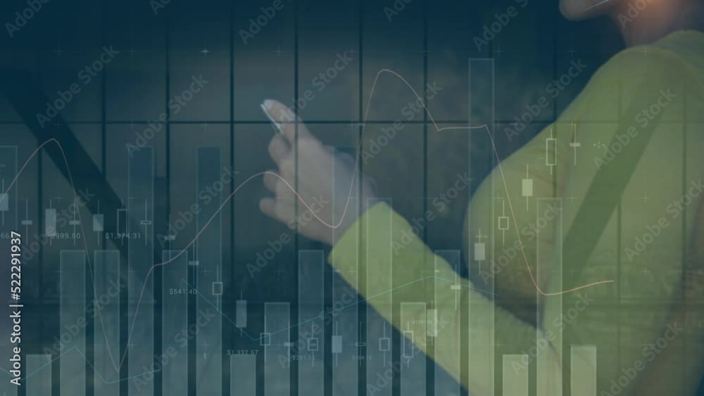 Poster animation of statistical data processing over caucasian female architect using smartphone