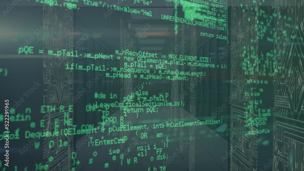 Poster animation of data processing and screens of network of connections against computer server room