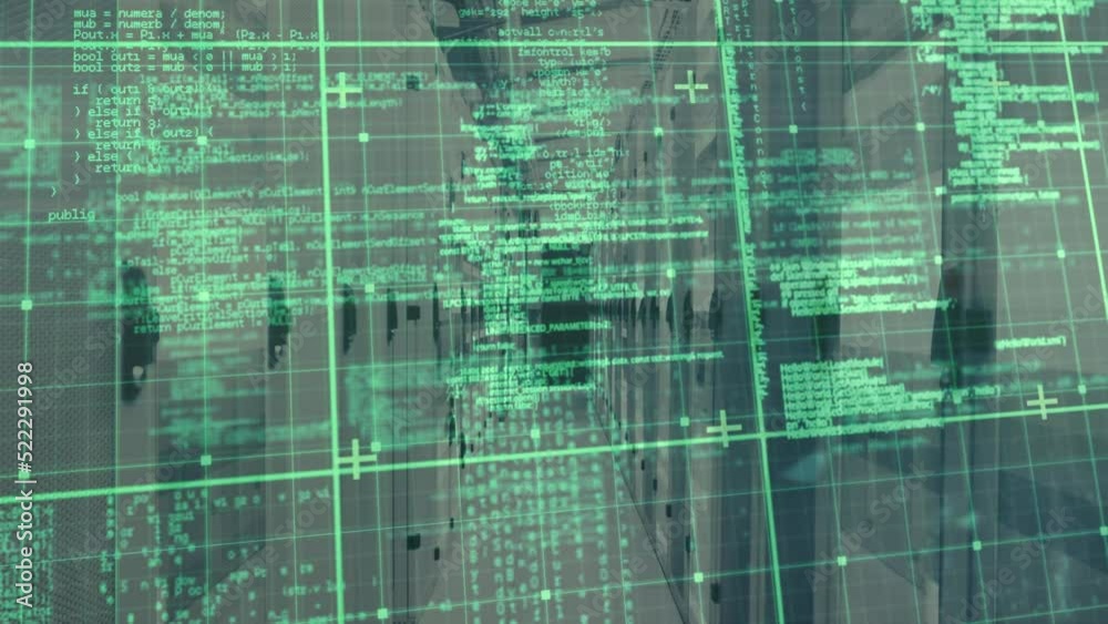 Poster animation of data processing over grid network and light trails against computer server room