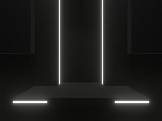3D black shelf with white neon lights.