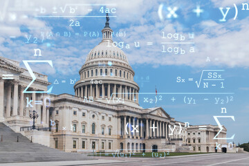 Fototapeta na wymiar Capitol dome building exterior, Washington DC, USA. Home of Congress, Capitol Hill. American political system. Technologies and education concept. Academic research, top ranking university, hologram