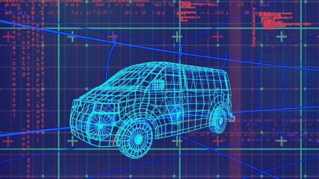 Animation of vhs glitch effect and data processing over gird network against 3d car model
