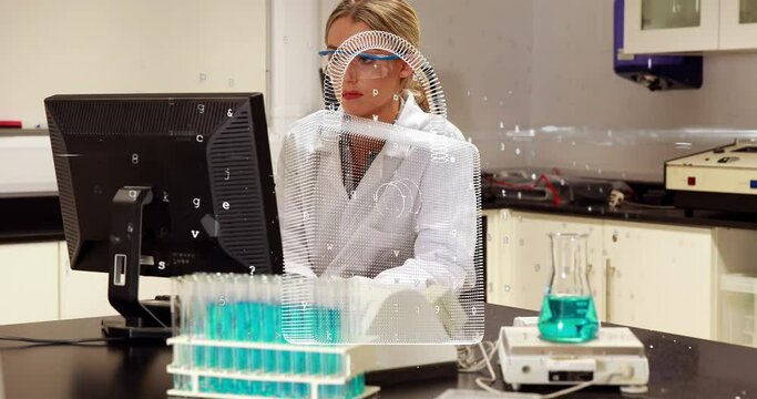 Animation of security padlock icon over caucasian female scientist using computer at laboratory