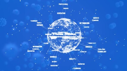 Animation of covid 19 cells over globe with data processing on blue background - Powered by Adobe