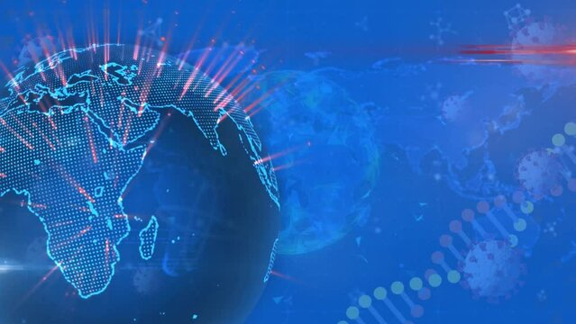 Animation of dna strand, covid 19 cells over globe on blue background