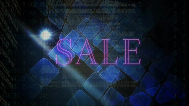 Animation of sale pink text over blue glowing squares