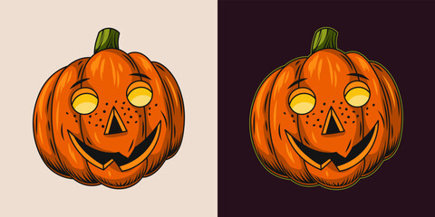 Halloween pumpkin with glowing eyes and happy smile. Stylization for happy child's face face with freckles. Vector illustration isolated on a white and black background.