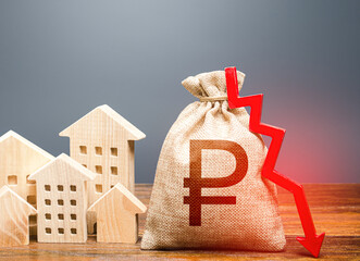 Houses and russian ruble money bag with down arrow. Reducing maintaining cost, energy efficiency,...