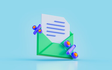 envelop document with percentage sign 3d render concept for share percent commission letter