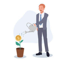 Businessman is watering plant with dollar money coin flower by watering can. profit investment concept. Vector illustration