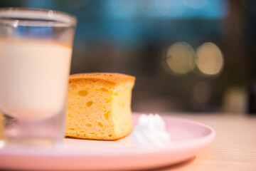 A pieces of sponge cake with soft texture