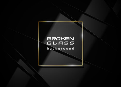 Black glass luxury layered glossy abstract headline background. Vector golden line square frame under black broken plastic background with reflection on pieces. Premium label design