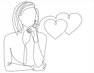 one line drawing of woman thinking about love