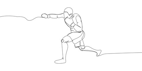 Boxer in a fight one line art. Continuous line drawing hit, protective mask, boxing gloves, fight, athletes, battle, man, sport, boxing ring.