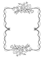 Art nouveau black and white frame with bells and butterflies, vector illustration, design element.