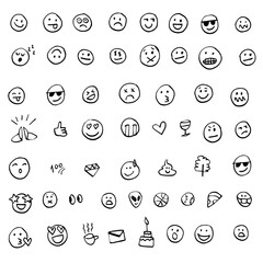 Emojis, emoticons hand drawn, irregular shapes made with marker pen. Vector illustration of different facial expressions: joy, anger, sadness, happiness. Free-hand drawing.