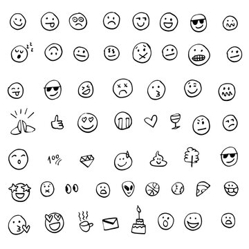 Emojis, emoticons hand drawn, irregular shapes made with marker pen. Vector illustration of different facial expressions: joy, anger, sadness, happiness. Free-hand drawing.
