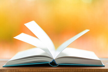 Open book on a wooden table on an autumn background. Image with shallow depth of field. The concept of reading books. The wind turns the pages. Image with shallow depth of field. Autumn.